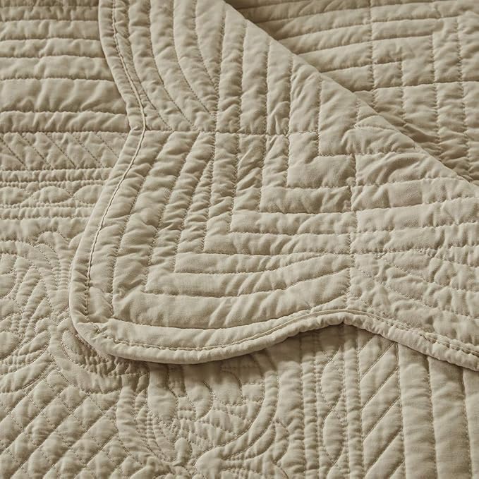 Madison Park Luxe Damask Stitching Throw Blanket, 60"x72" | Cotton Filled Spread, Ultra Soft, Cozy Bedding for Living Room Couch, Sofa, Bed, Scalloped Borders, Khaki