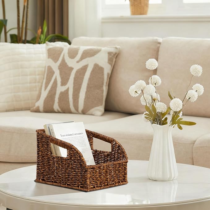 Pantry Organizers, Handwoven Large Wicker Baskets for Shelves, Labeled Storage Baskets for Organizing with Handles - Waterproof Plastic Storage Bins, Boho Decorative, 3Pack, Brown