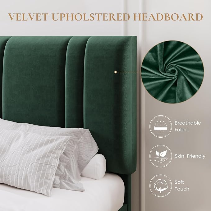 SHA CERLIN Queen Size Velvet Bed Frame with Adjustable Headboard, Green | Vertical Channel Tufted Design, Upholstered Platform Bed, Wood Slats Support/No Box Spring Needed/Easy Assembly