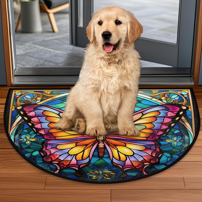Pardick Half Round Doormat Butterfly Glass Semi Circle Rug Non Slip Indoor Outdoor Entrance Half Moon Rug Washable Front Floor Mat for Kitchen Bathroom Patio Fireplace Holiday Decor