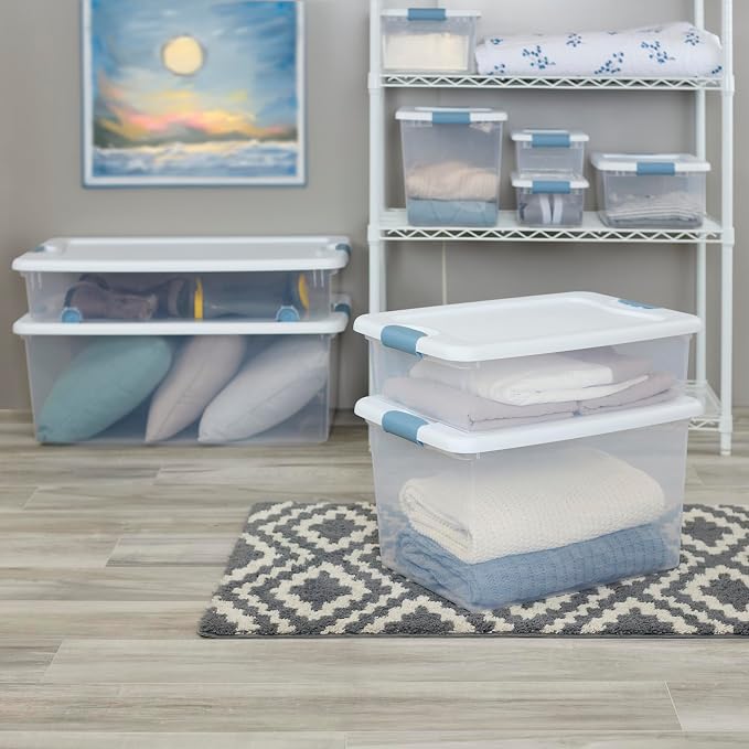 Sterilite 12 Pack Latching Box, Under Bed Storage Bins with Lids, Clear Plastic, 64 Quart - Heavy-Duty Organizing Containers for Closet, Bathroom, and Office | Heavy-Duty and Stackable Plastic Containers with Latches for Closet, Cabinet, Bedroom, Bathr...