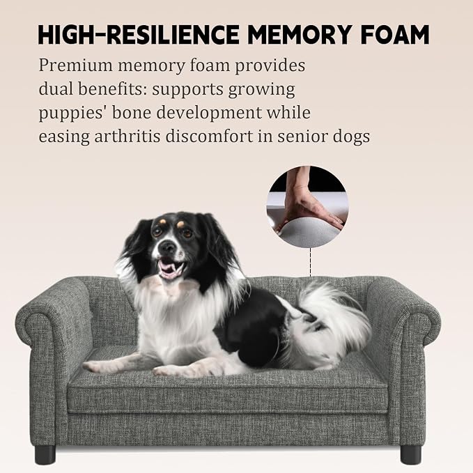 39" Dog Sofa Couch Bed for Small, Medium, Large Dogs,Memory Foam Pet Sofa with Removable Cover, Comfortable Pet Couch with Backrest and Armrests, Easy to Clean and Maintain（Light Grey）