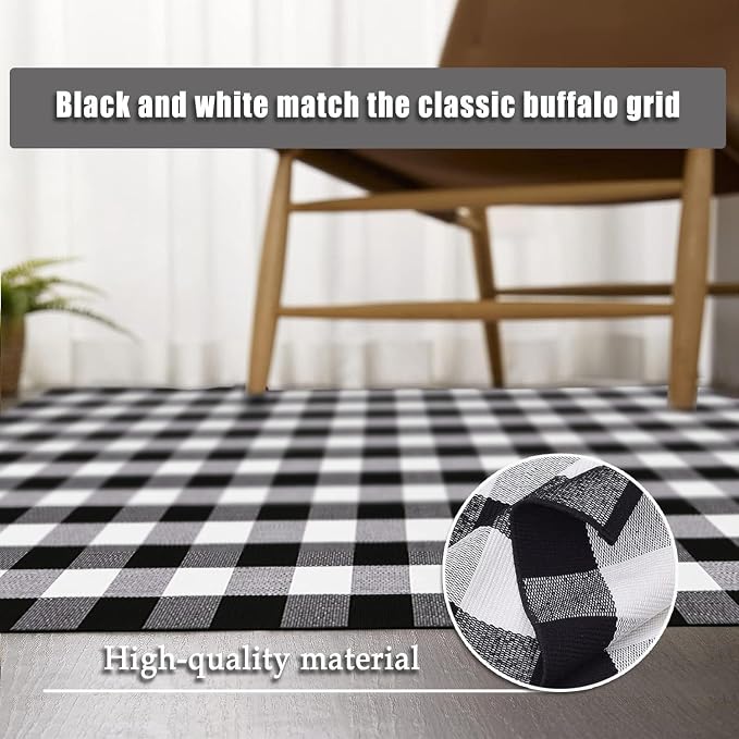 Buffalo Plaid Rug 5.5'x7.5'Black and White Area Rug,Washable Cotton Woven Indoor/Outdoor Rug for Farmhouse/Dining Room/Bedroom/Living Room Rug Retro Lattice Checkered Carpet