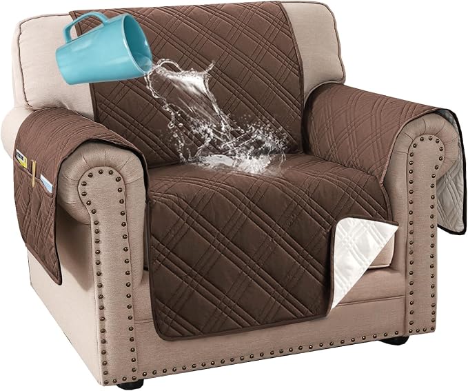 H.VERSAILTEX 100% Waterproof Chair Slipcovers Modern Oversized Chair Cover Slip Covers for Armchairs with Elastic Straps (Chair, Brown/Beige)