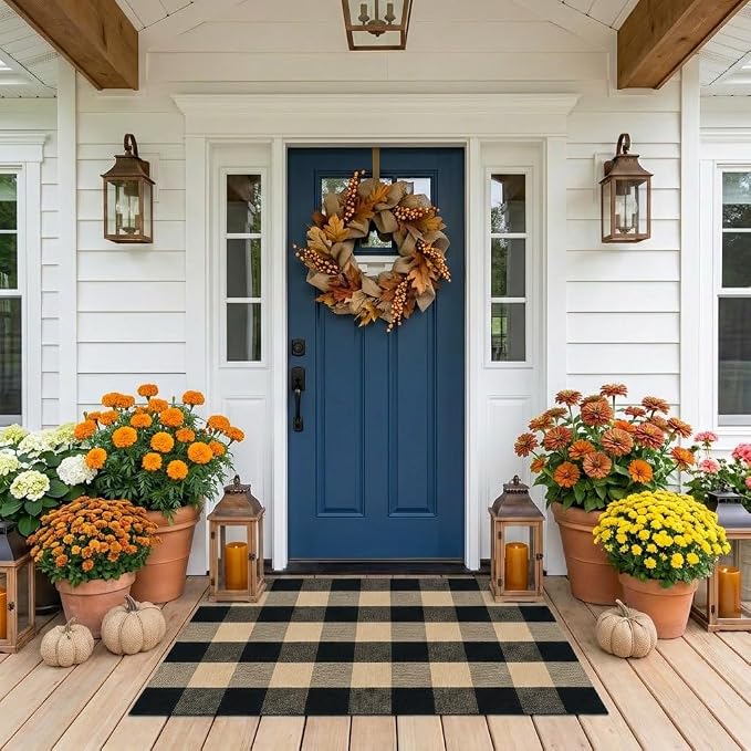 Buffalo Plaid Rug 2'4''x 3'7'' Brown and Black Front Door Mat Reversible Layered Porch Rug Washable Hand Woven Cotton Area Rug for Indoor Outdoor Entryway Patio Porch Decor