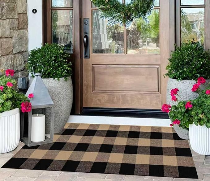Front Porch Rug 2'X4.3' Tan and Black Spring Outdoor Porch Rug Cotton Woven Washable Door Mats Outdoor for Welcome Hello Layered/Entrance/Bedroom/Living Room