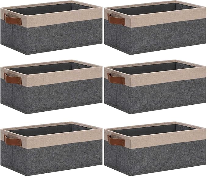 GhvyenntteS Small Fabric Storage Bins 6 Pack, 11.8" x 7.87" x 5.11" Storage Basket with Leather Handles, Closet Storage Bins for Shelves, Storage Baskets for Shelves, DVD Storage (Grey/Beige Yellow)