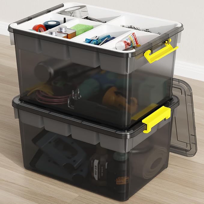 80Qt Large Stackable Storage Bins with Lids & Trays, Clear Plastic Latching Boxes Organizers with Dividers Portable Containers for Arts & Crafts,Home & Car Trunk Organization,Clear Grey,2Pack
