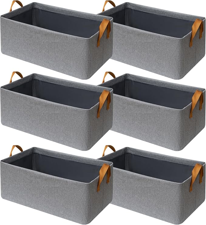 6 Pack Closet Cloth Storage Bins with Handles（ Gray 15''L x 10''W x 8''H）