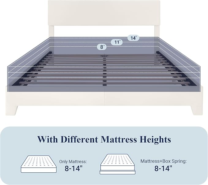 Allewie Full Size Upholstered Bed Frame Adjustable Headboard, White | Platform Bed with Heavy Duty Mattress Foundation, Noise-Free, Easy Assembly, Wood Slat Support, No Box Spring Needed