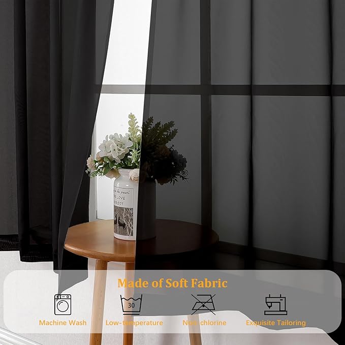 Gwine Sheer Black Curtains 96 Inches Long 2 Panels Set, Light Filtering Voile - Image 7