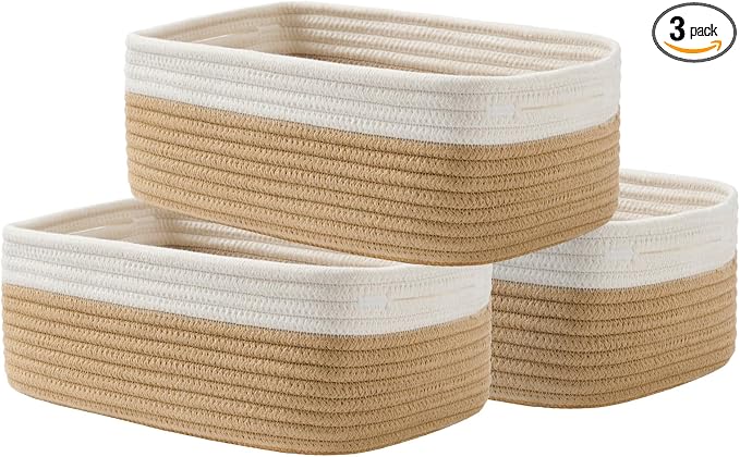 KALLAX Small Woven Storage Basket for Organizing, 12 x 8 x 4.5 inch, 3 Pack | Shelf baskets for closet organization, toy storage and home decor, Perfect as empty gift baskets for holidays, White & Brown