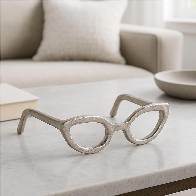 Cateye Glasses Decorative Object – Aluminum Sculpture Modern Home Decor Ornament – Shelf Styling & Coffee Table Decor for Bathroom, Office & Living Room – 7"x3", Silver