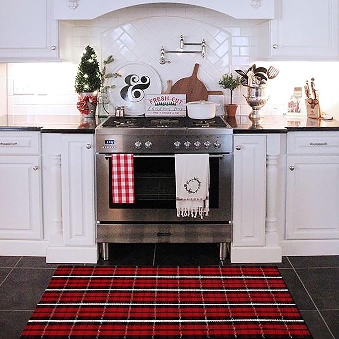 Bottalive Christmas Plaid Outdoor Rug, 2' x 4'3'' Red & Black Check Indoor/Outdoor Area Rug, Layering Rug for Hello/Welcome Door Mat, Machine Washable Cotton Woven Farmhouse Mat for Front Porch Décor