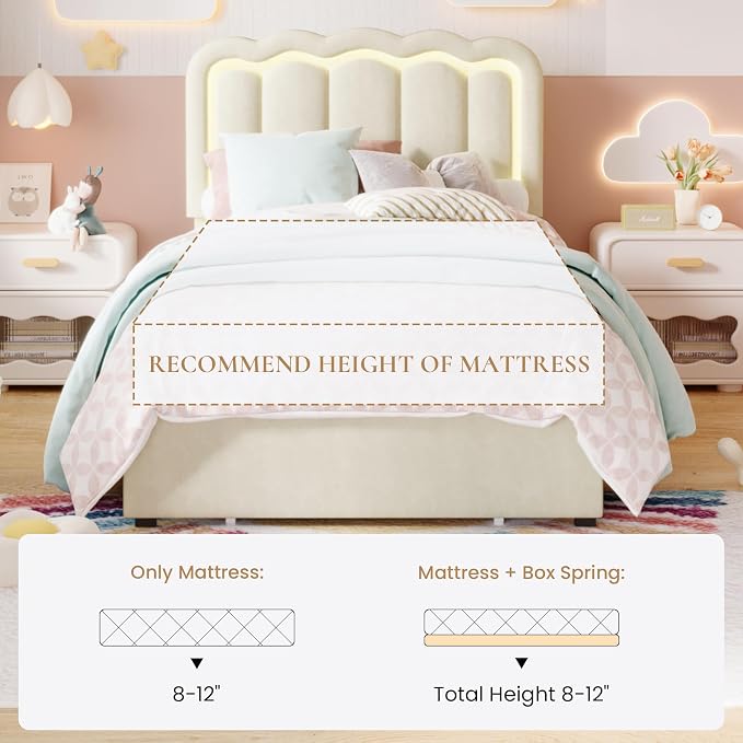 SHA CERLIN Twin Size Bed Frame with LED Lights and Storage Drawer, Cream | Upholstered Velvet Platform Bed with Adjuatable Wavy Headboard, Noise-Free, Easy Assembly,No Box Spring Needed