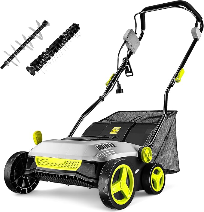 Electric Lawn Dethatcher Scarifier 15 Amp: DEKOPRO 15-inch Lawn Dethatcher and Aerator with 5-Position Depth Adjustment, 40L Collection Bag, 2-in-1 Corded Scarifier for Yard, Spring & Fall Lawn Care