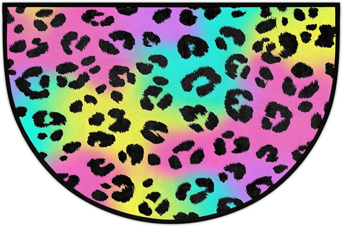Leopard Half Round Door Mat Semi Circle Rug Half Moon Doormat | Soft Washable Neon Psychedelic Welcome Entrance Mat for Outdoor Indoor Floor Bedroom Bathroom Home Kitchen Festival Decor