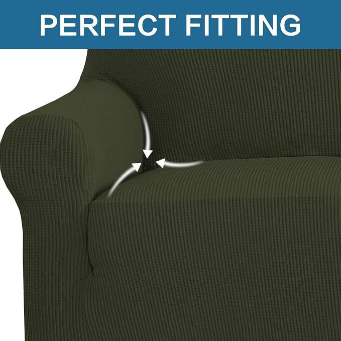 H.VERSAILTEX Stretch Couch Cover Loveseat Covers for 2 Cushion Couch Sofa Slipcover for Love Seat 1 Piece with Elastic Bottom, Checked Jacquard Fabric(Loveseat 58"-70" Wide, Olive)