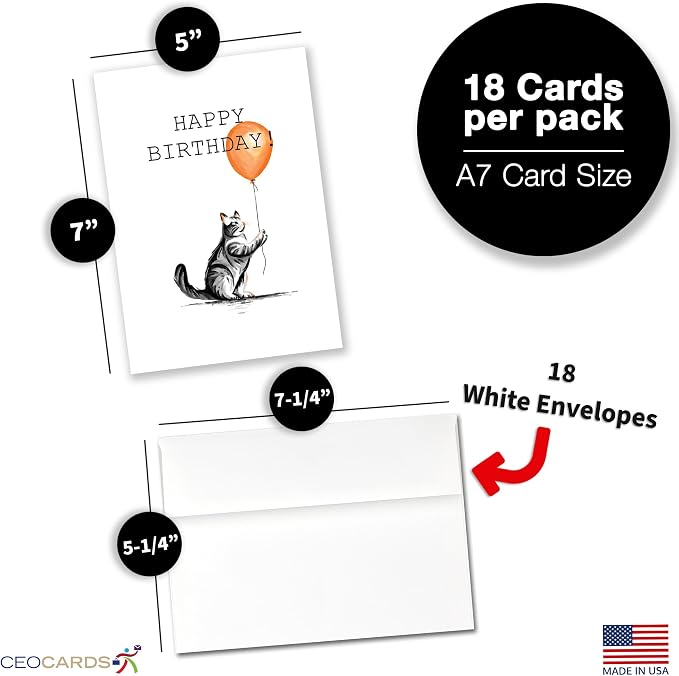 Happy Birthday Cards Bulk Greeting Card Set (Cat Lover) 18 Pack & White Envelopes - 5x7 Inch Birthday Theme for Family, Women, Men, Coworkers & Office (B2402)