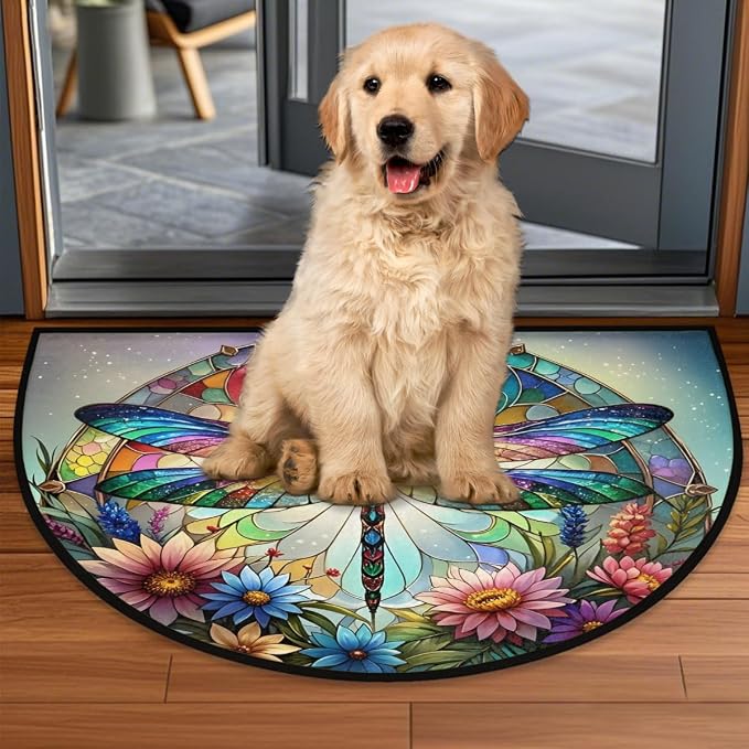 Half Round Door Mat Dragonfly Rainbow Animal Half Moon Rug Flower Glass Washable Half Circle Area Rugs Indoor Entrance Non Slip Semi Circle Bathroom Rugs Floor Carpet for Kithen Bedroom Decor