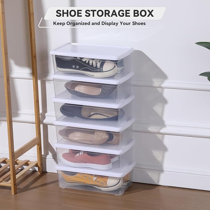 novelinks 8 Pack 6 Quart Clear Plastic Shoe Storage Bins with Lids (White) | Shoe Boxes Clear Plastic Stackable, Clear Shoe Storage Boxes, Shoe Containers, Shoe Bins, Craft Organizers and Storage