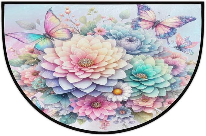 Flower Half Round Doormat Non-Slip Semi Circle Rug Half Moon Mat | Butterfly Rainbow Washable Soft Absorbent Indoor Outdoor Entrance Kitchen Bathroom Sink Patio Welcome Fireplace Floor Rug