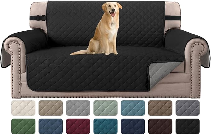 H.VERSAILTEX Reversible Quilted Loveseat Cover Water Resistant Loveseat Slipcover Washable Couch Cover with Non Slip Elastic Strap Furniture Protector for Kids(Oversized Loveseat, Black/Grey)