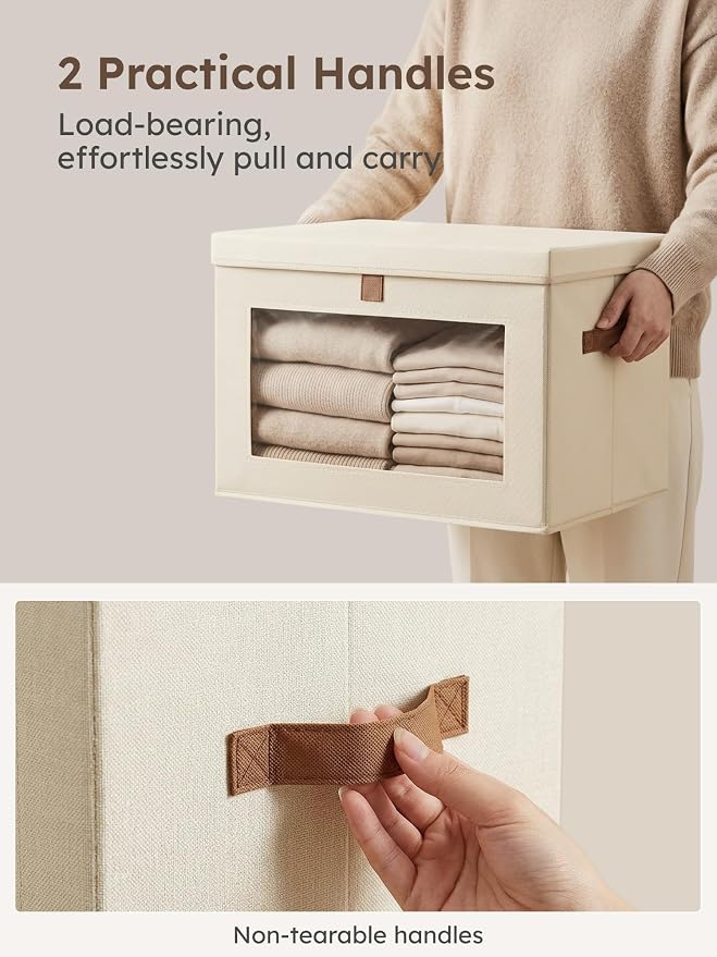 Homsorout Large Closet Storage Bins - Collapsible Storage Bins with Handles & Window, Decorative Boxes with Lids, Fabric Cubes for Living Room, Dorm, 1 Pack, Beige