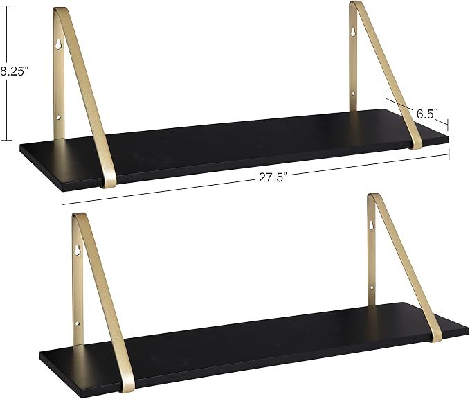 Kate and Laurel Soloman Black Wooden Shelves with Gold Metal Brackets, 2 Piece Set