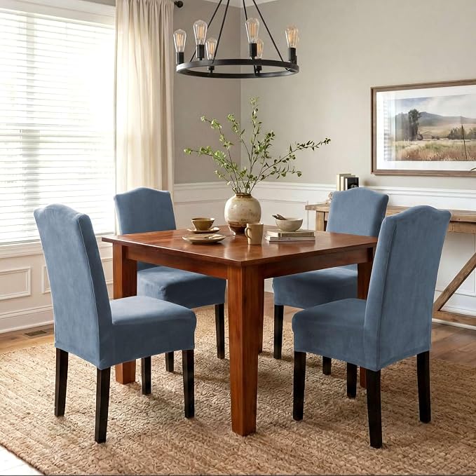 H.VERSAILTEX Velvet Dining Chair Covers Stretch Chair Covers for Dining Room Set of 4 Parson Chair Slipcovers Chair Protectors Covers Dining, Soft Thick Solid Velvet Fabric Washable, Stone Blue