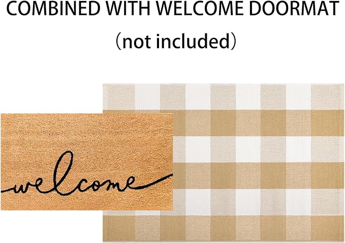 Front Door Mats Outdoor 24''X35'' Khaki and White Layered Doormat Cotton Woven Farmhouse Washable Small Area Rug for Welcome Mat/Entryway/Bedroom/Living Room