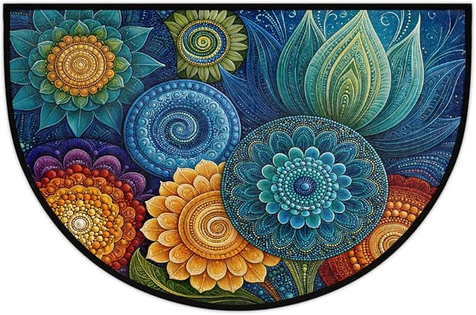 Mandala Half Round Door Mat Non Slip Half Circle Rugs | Flower Color Washable Half Moon Rug Semi Circle Rugs Indoor Entrance Floor Carpet for Kithen Bedroom Fireplace Decor