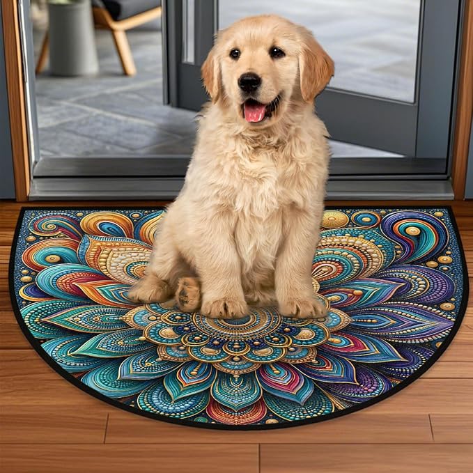 Mandala Half Round Door Mat Semi Moon Rug Fireplace Carpet Area Rugs | Gold Elegant Non Slip Absorbent Half Circle Mat Carpet for Indoor Outdoor Patio Kitchen Bathroom Entryway Home Decor