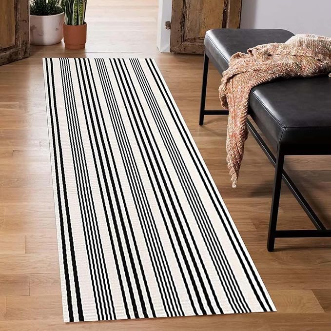 BUAGETUP Black and White Striped Hand-Woven Cotton Runner Rug 2x6ft Machine Washable Indoor Outdoor Doormat for Front Porch Entryway Rug