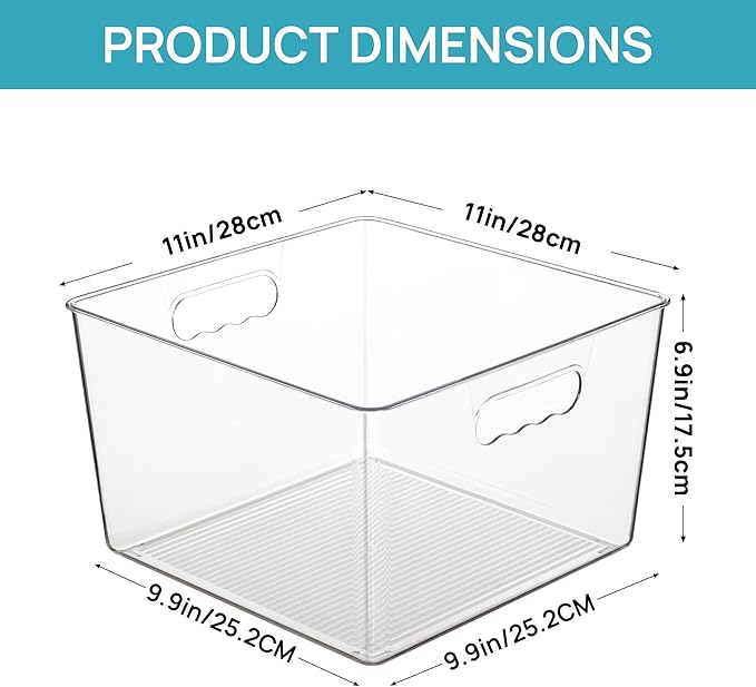 Vtopmart 4 Pack Extra Large Clear Storage Bins, 11x11 Cube Organizer | Acrylic Cube Storage Bins, Plastic Containers with Handle for Pantry, Kitchen, Closet, Laundry Room, Bathroom, Under Sink