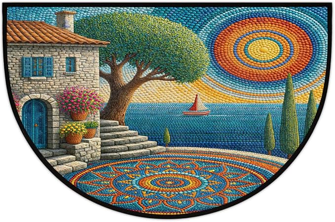 Sailboat Half Round Door Mat Semi Circle Rug Half Moon Doormat | Soft Washable Coastal Sun Welcome Entrance Mat for Outdoor Indoor Floor Bedroom Bathroom Home Kitchen Festival Decor