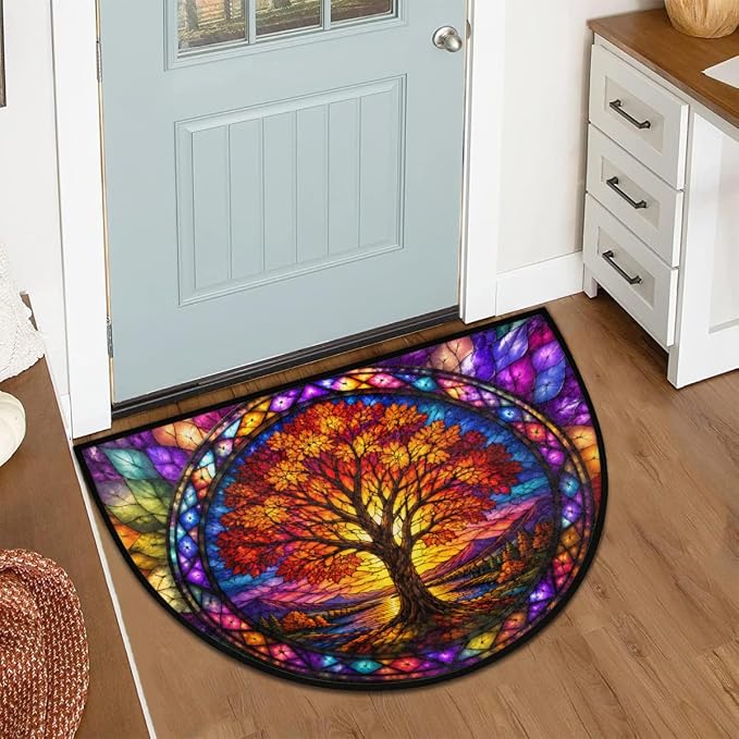 Pardick Tree Half Round Door Mat Welcome Entrance Mat Bath Bathroom Rug A5 | Tree Glass Painting Welcome Entrance Mat Anti-Slip Half Moon Bath Mat Semi Circle Rug Indoor Outdoor Kitchen Rug