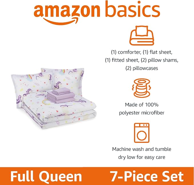 Amazon Basics 7-Piece Soft, Easy-Wash Microfiber Kid's Bed-in-a-Bag Bedding Set with Sheet and Comforter, Full/Queen, Unicorn Print