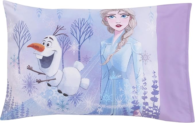 Disney Frozen 2 Lavender, Light Blue and Purple Forest Spirit 4 Piece Toddler Bed Set - Comforter, Fitted Bottom Sheet, Flat Top Sheet, Reversible Pillowcase