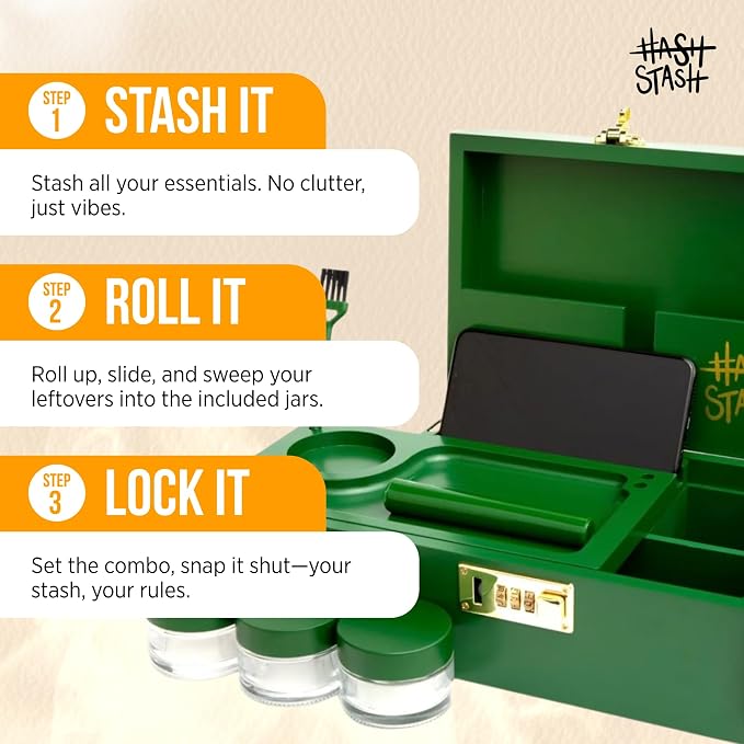 The OG Stash Storage Box - Large Bamboo Box with Combination Lock, Magnetic Lid, Organizer Tray, 3 Jars and Brush - Portable Decorative Wooden Lock Kit with Accessories (Green/Gold)