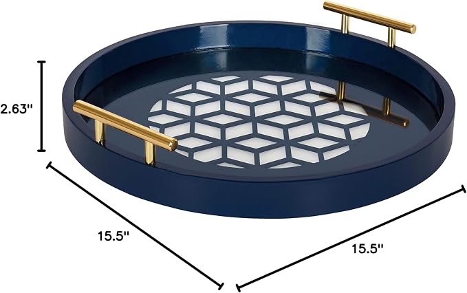 Kate and Laurel Caspen Round Cut Out Pattern Decorative Tray with Gold Metal Handles, 15.5", Navy and Gold
