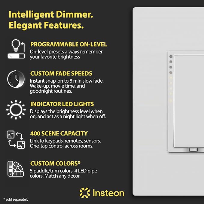 Insteon Smart Dimmer Wall Switch, 600W, 2477D (White) - Needs Neutral Wire - Requires Insteon Hub for Voice Control with Amazon Alexa and Google Assistant