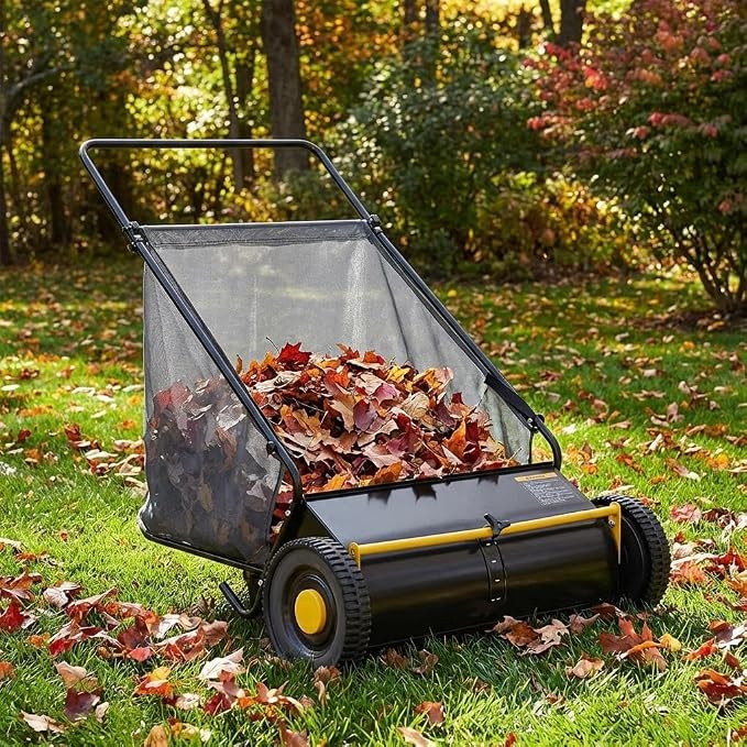 PeakPursuit Heavy-Duty Push Lawn Sweeper 26 Inch - 4 Spinning Brushes, 7Ft³ Large Capacity Collection Bag, Adjustable Height for Grass, Leaves & Debris On All Terrains