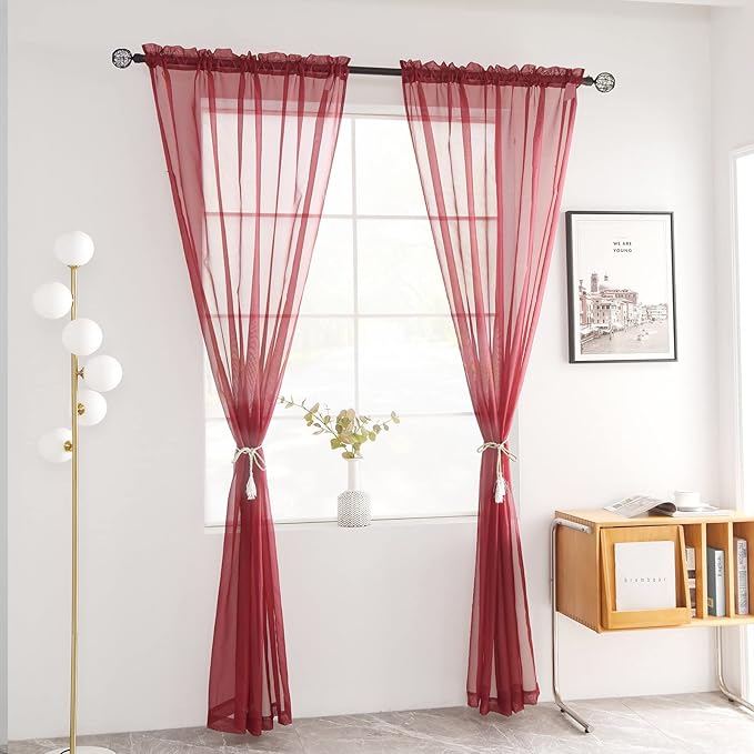 youleyar Solid Sheer Rod Pocket Curtain Voile Draperies 2 Panels White Beige Black Grey Coffee 52 Inch Width 96 Inch Long 1 Pair for Kitchen Bedroom Children Living Room Yard (Wine Red,52Wｘ96L)