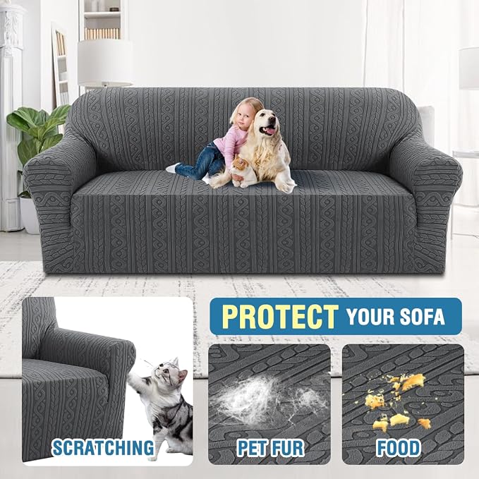H.VERSAILTEX Stretch Couch Cover 1 Piece Soft Sofa Covers Furniture Protector with Elastic Bottom Anti-Slip Dogs Slipcovers Washable Upgrade Thick Jacquard Fabric with Spiral Pattern(75"-85", Grey)