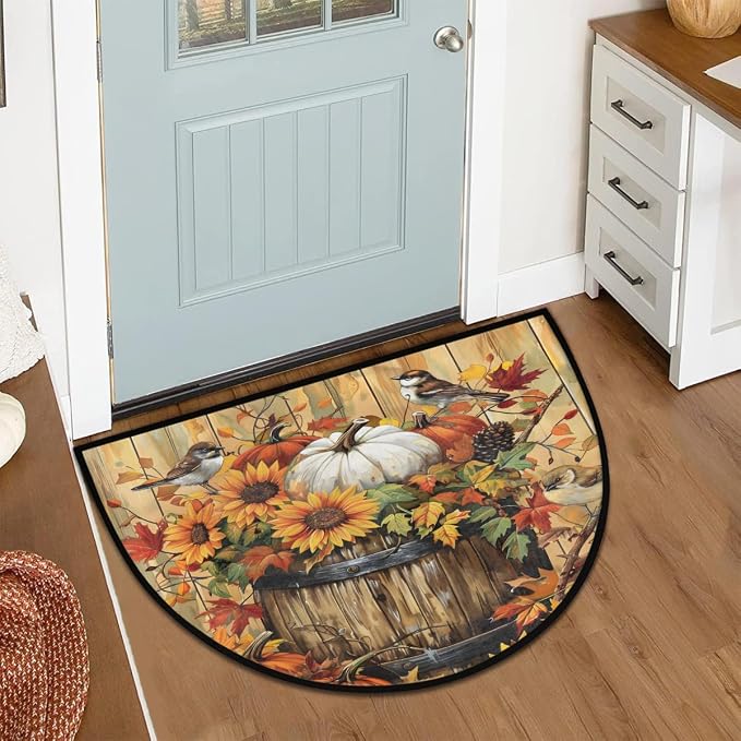Fall Pumpkin Half Round Door Mat Semi Moon Rug Fireplace Carpet Area Rugs | Retro Fall Pumpkin Non Slip Absorbent Half Circle Mat Carpet for Indoor Outdoor Patio Kitchen Bathroom Entryway Home Decor