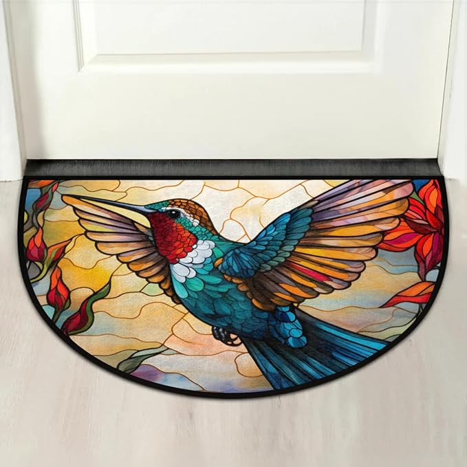 Half Round Door Mat Hummingbird Bird Animal Flower Non-Slip Semi Circle Area Rug Washable Half Moon Hearth Rugs for Indoor Outdoor Bathroom Kitchen Patio Runner Mat Laundry Room Home Decoration