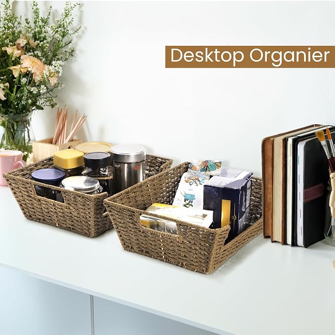 2 Pack Open Front Storage Baskets | Brown Paper Rope Woven Basket with Built-in Handles, 13''L x 10''W x 5''H Pantry Organzier Bins for Shelf, Bedroom, Pantry