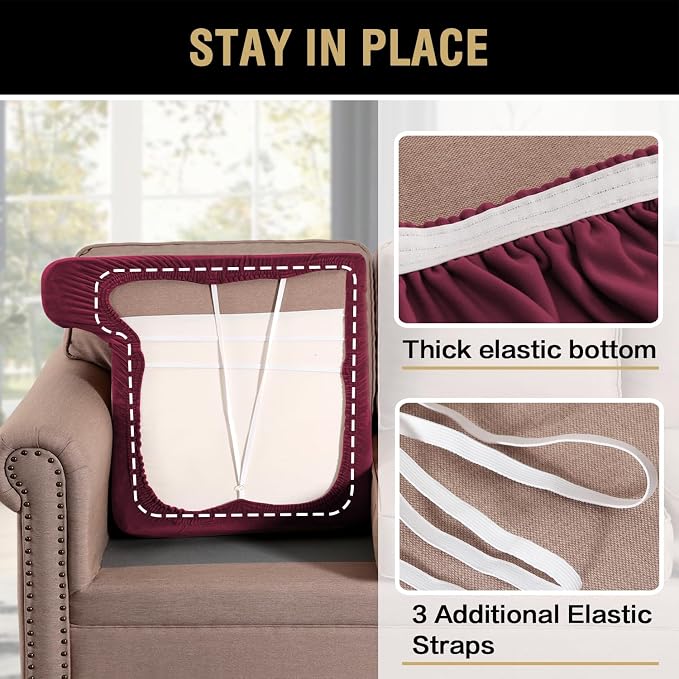 H.VERSAILTEX Stretch Velvet 3 Piece T Cushion Sofa Slipcovers Individually Sofa Cushion Covers for 3 Cushion Couch Seat Cushion Covers for Sofa Seat Cushion Covers Stay in Place(Sofa, Burgundy)