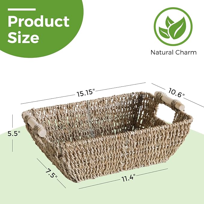 Wicker Baskets with Wooden Handles, Large Seagrass Storage Baskets